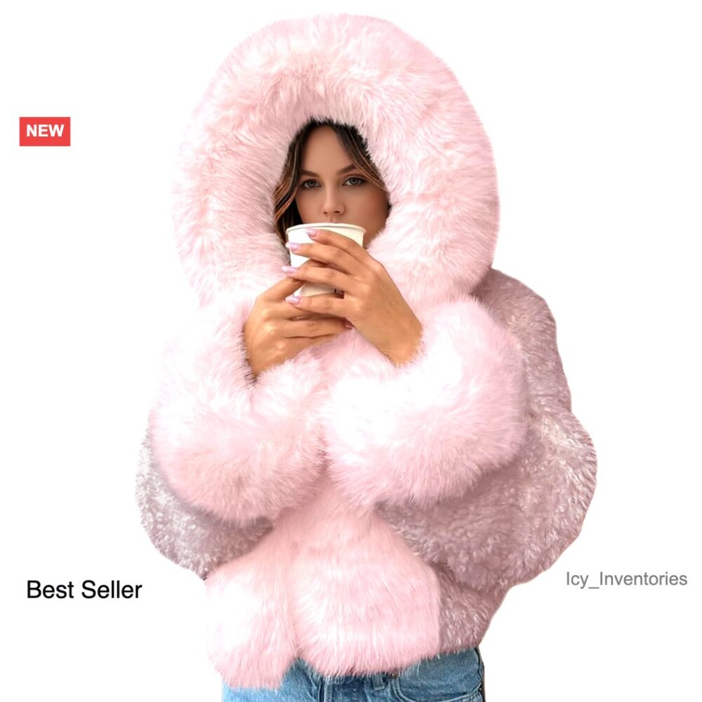 Faux Fur Cropped Hoodie Jacket Winter Warm Cozy Chic Outerwear With Pockets